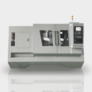 External view of a PH46-750 CNC Rotor Whirling Machine in an industrial setting, showing its large size, control panel with a screen, protective enclosure, and the whirling head machining a long metal rotor.
