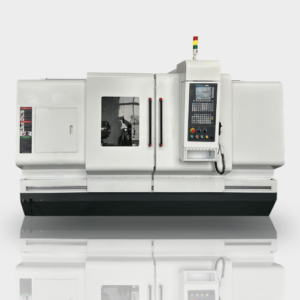 External view of a PH50-Series CNC Rotor Whirling Machine in an industrial setting, showing its large size, control panel with a screen, protective enclosure, and the whirling head machining a long metal rotor.