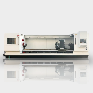 Full exterior view of the heavy-duty PH80 series CNC rotor whirling machine, featuring its extended machine bed and CNC control panel for industrial metalworking.